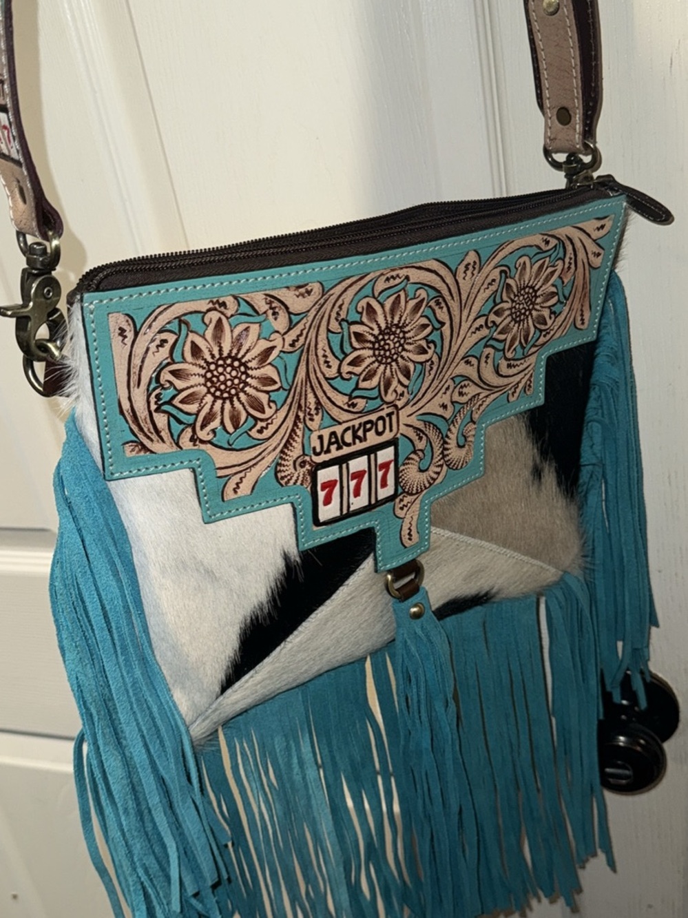 Turquoise Floral Tooled Fringe Crossbody Bag - Jackpot 777 Accent